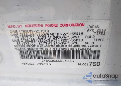 2016 Mitsubishi Outlander Es from USA, damaged, VIN JA4AZ3A33GZ042067